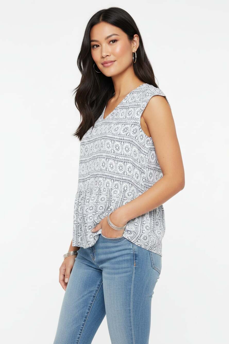 LOFT Blue & White Geometric Medallion V-Neck Sleeveless Blouse